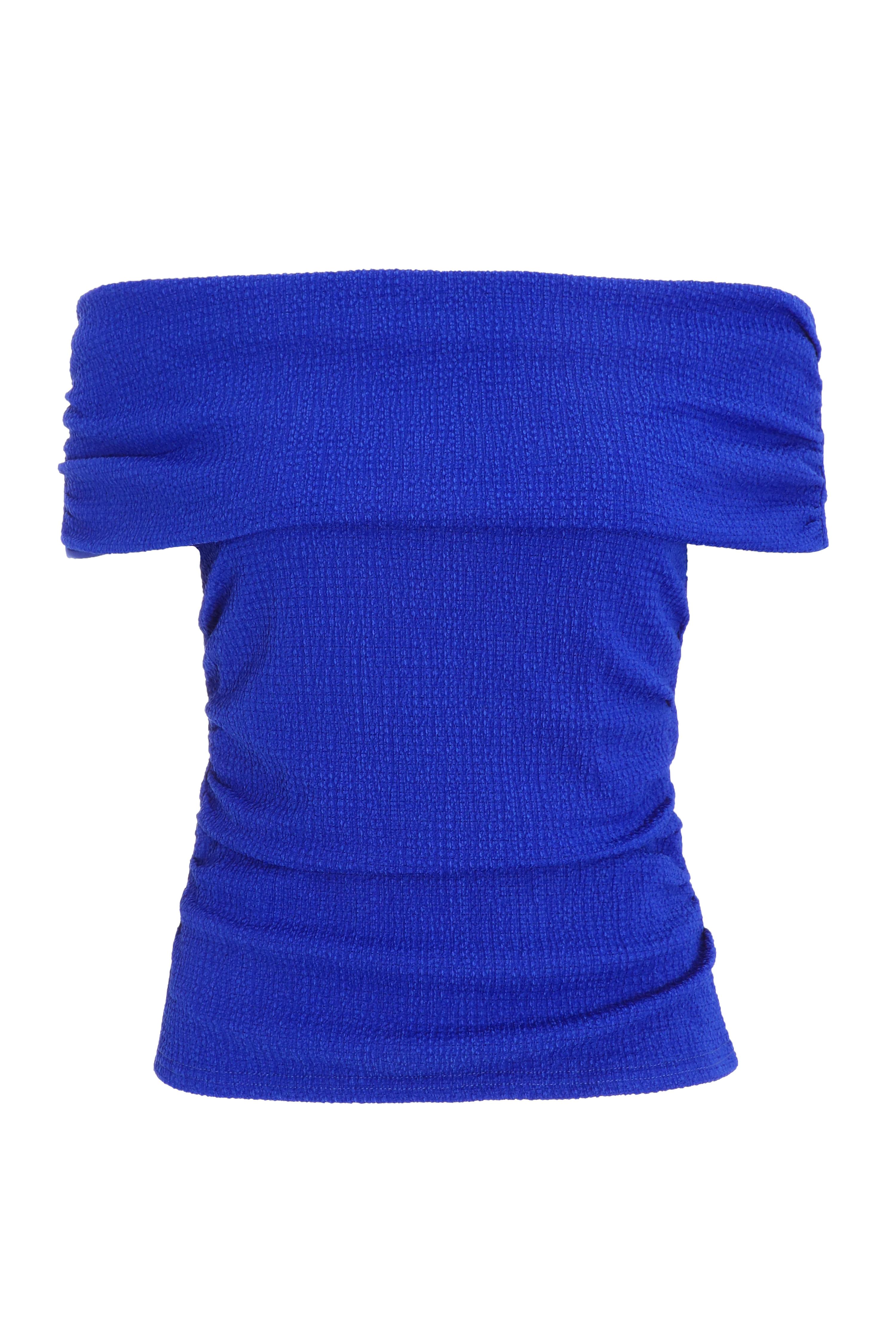 Quiz Womens Blue Textured Bardot Ruched Top - Size 8 UK