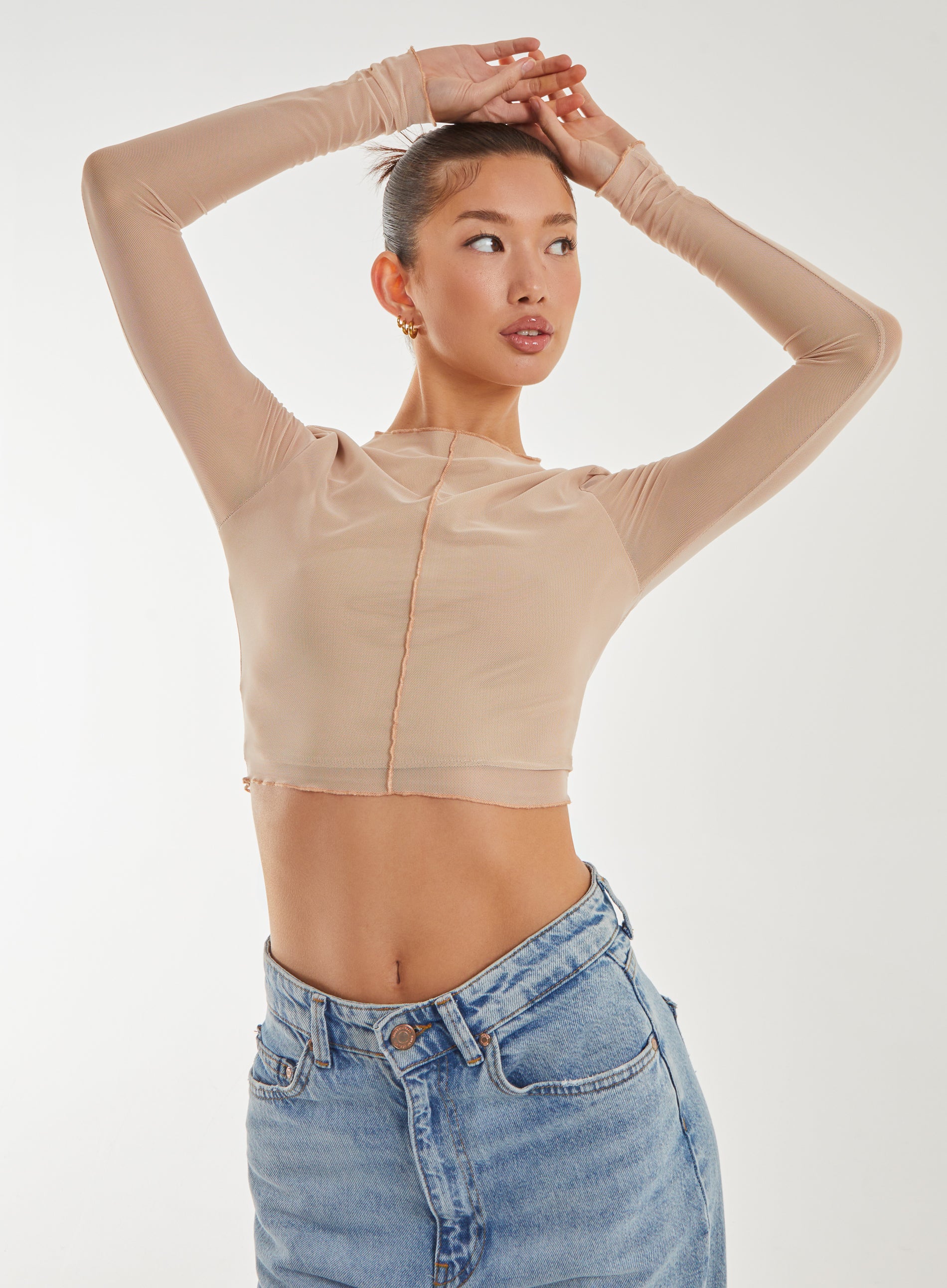 Pink Vanilla Womens Mesh Bodycon Crop Top - Nude - Size Medium