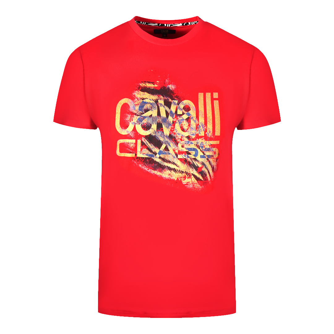 Thumbnail - Cavalli Class Geschnittenes Tiger-Print Fett-Logo Rotes T-Shirt