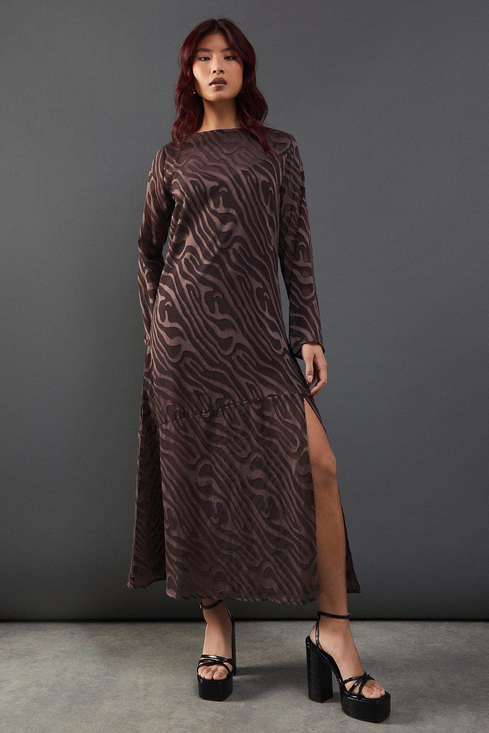 Warehouse Womens Petite Burnout Chiffon Column Long Sleeve Maxi Dress - Chocolate - Size 6 UK