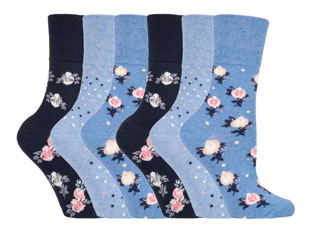 Gentle Grip Womens - 6 Pairs Ladies Non Elastic Socks - SOLRH177 - Blue Cotton - Size UK 4-8