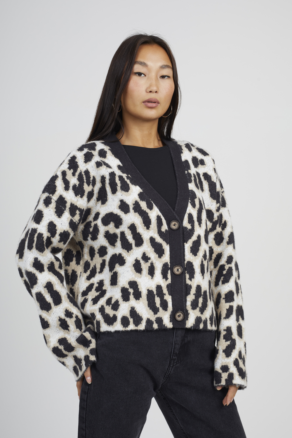 Brave Soul Womens Camel Button Through Animal Print Jacquard Knit Cardigan - Size Medium