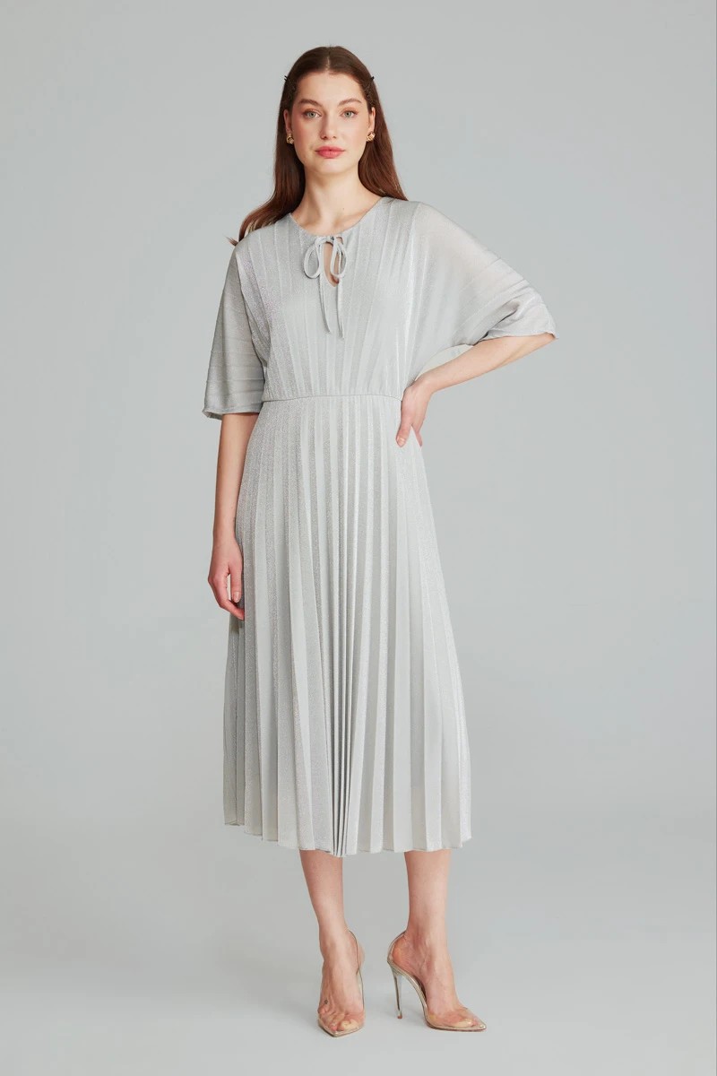 Gusto Womens Pleated Evening Dress - Silver - Size Large