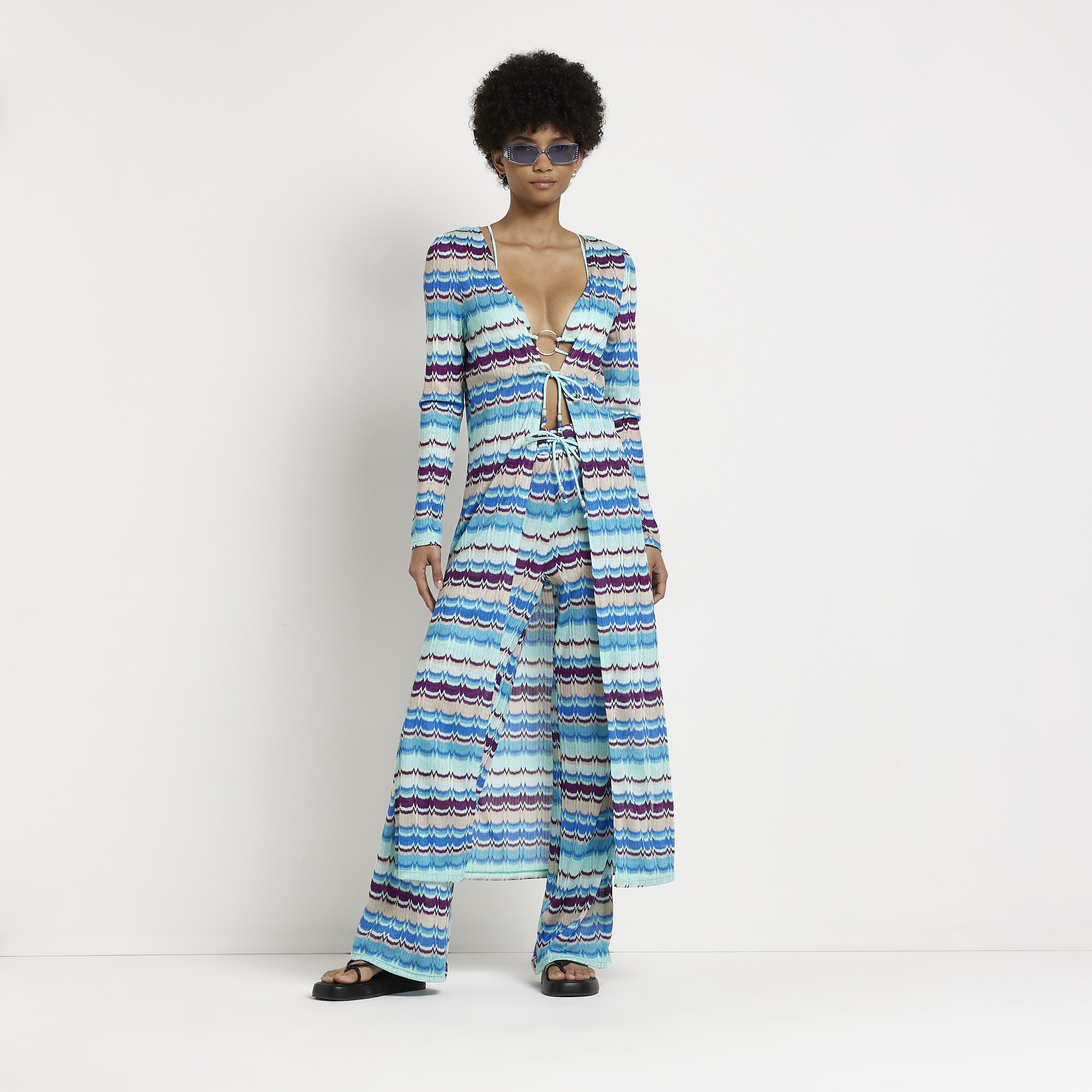 River Island Womens Kaftan Blue Stripe Longline Knit - Size Small