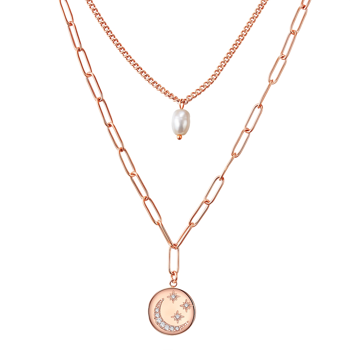 Valero Pearls Womens Necklace Stainless Steel Rose Gold Freshwater Cultured Pearl White Preciosa - Size 38cm