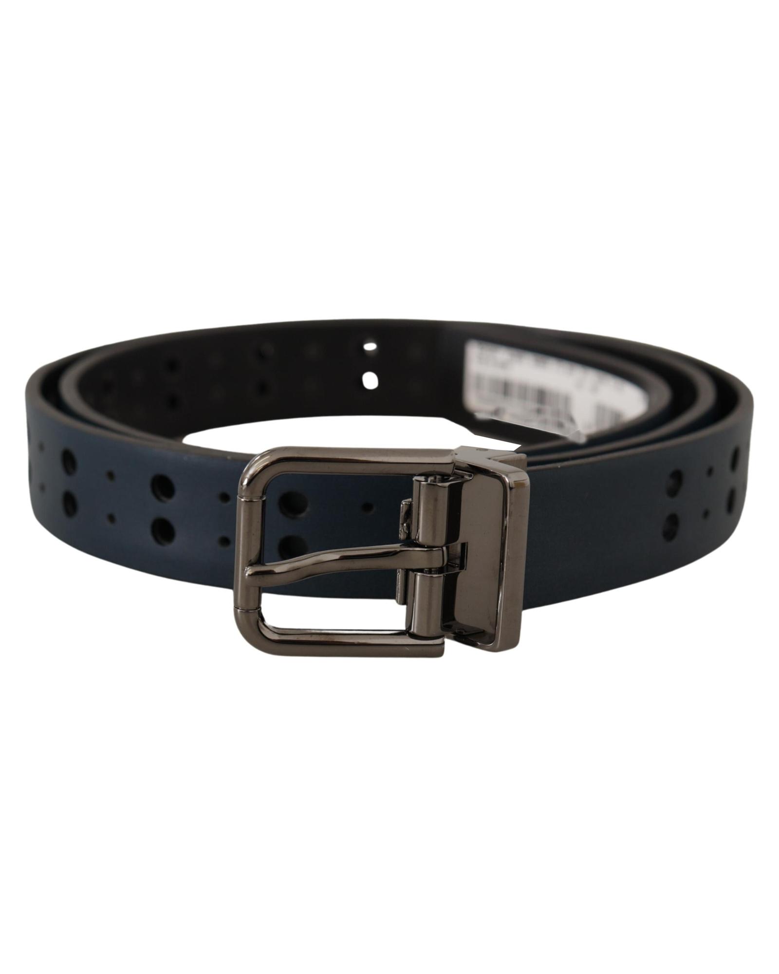 Dolce & Gabbana Mens Eye-catching Leather Belt with Metal Tone Buckle - Blue - Size 90 cm