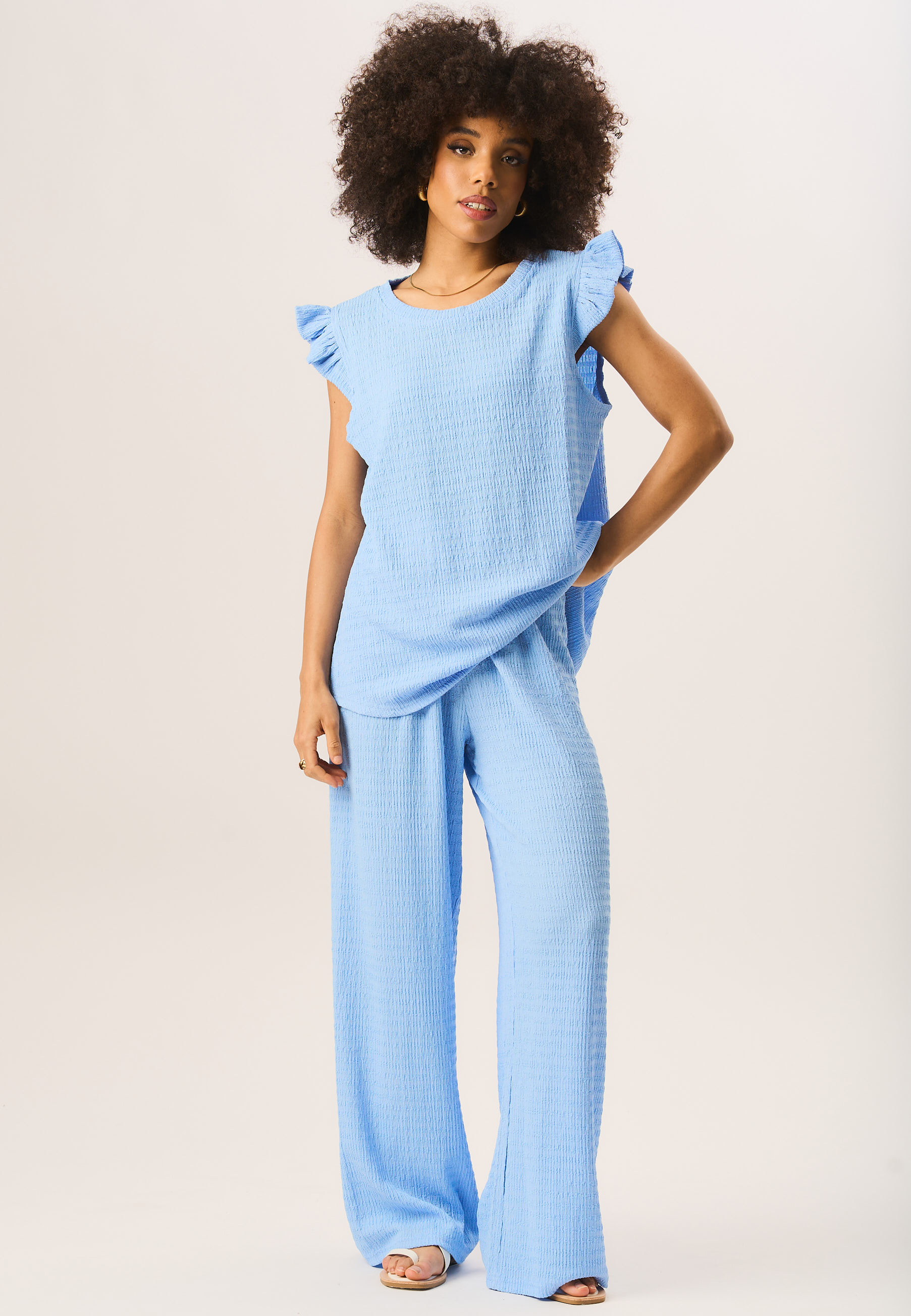 Texturerad byxa med elastisk midja och pull on 2