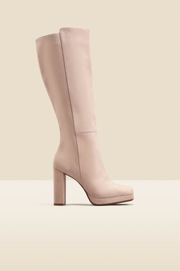 Sosandar Womens Taupe Nubuck Leather Block Heel Knee High Platform Boot – Size UK 5