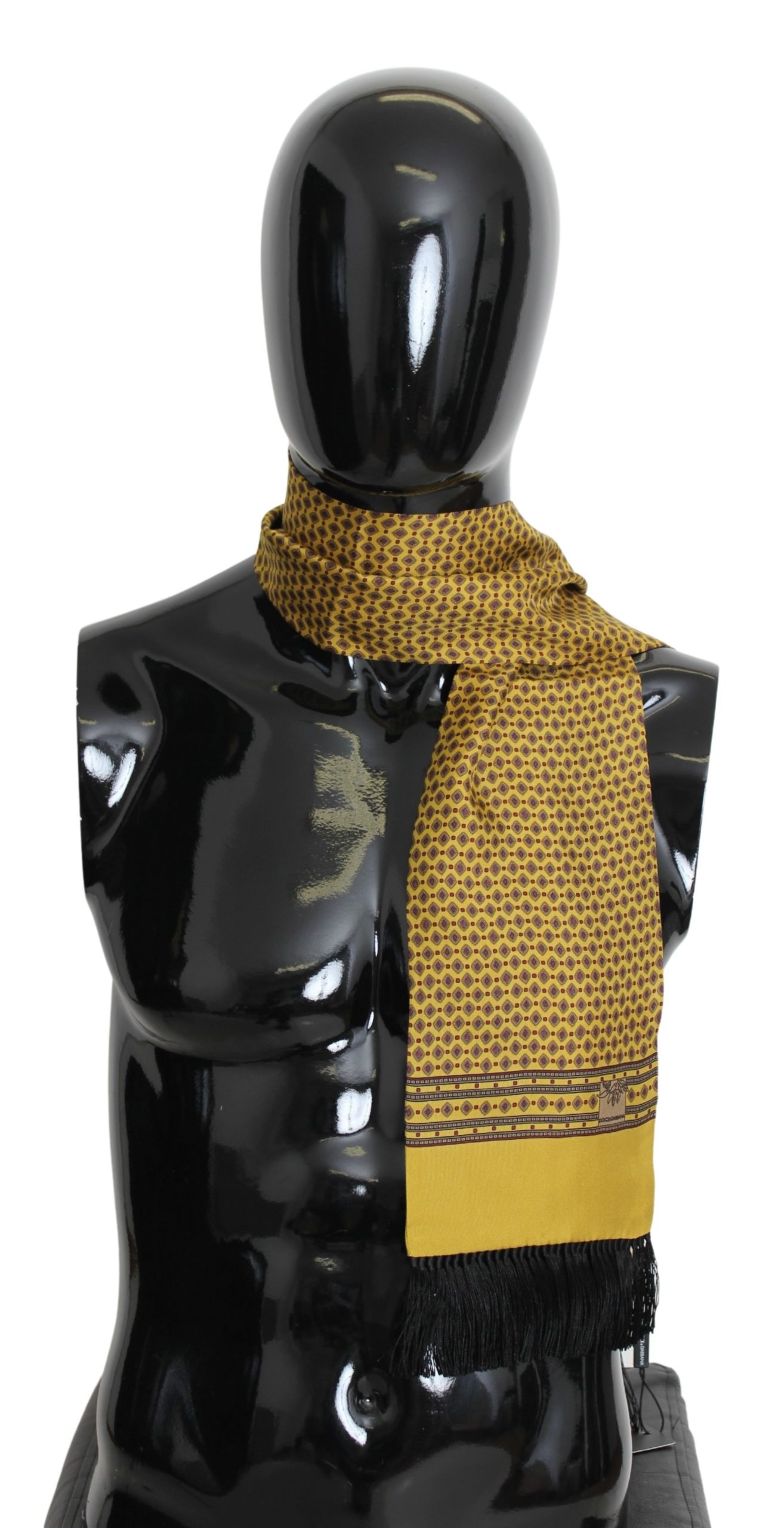 Thumbnail - Dolce & Gabbana Men's Scarf Yellow Patterned Silk Neck Wrap Fringes
