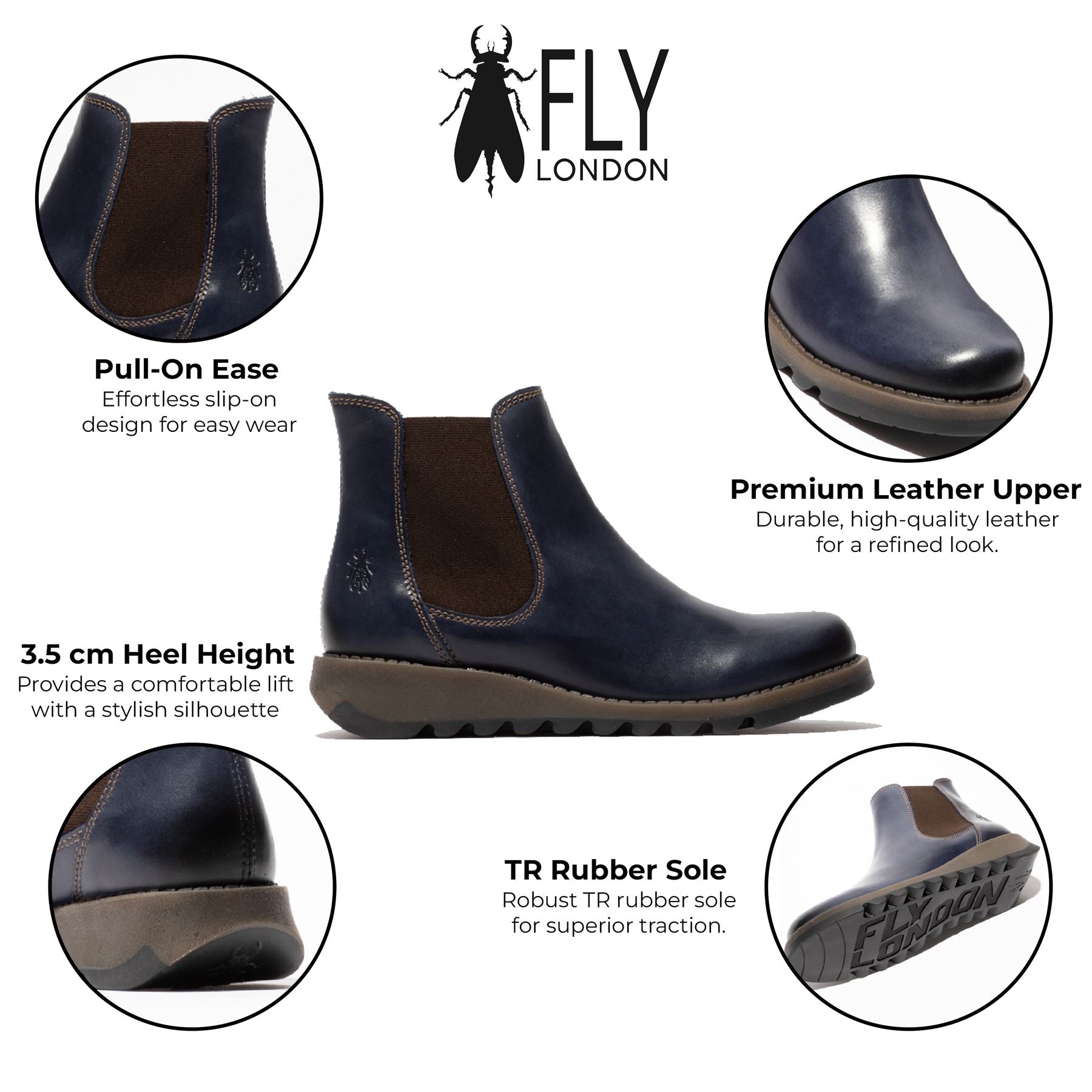 Fly London Womens Blue SALV Chelsea Leather Ankle Casual Wedge Heel Boots dam – bild 2