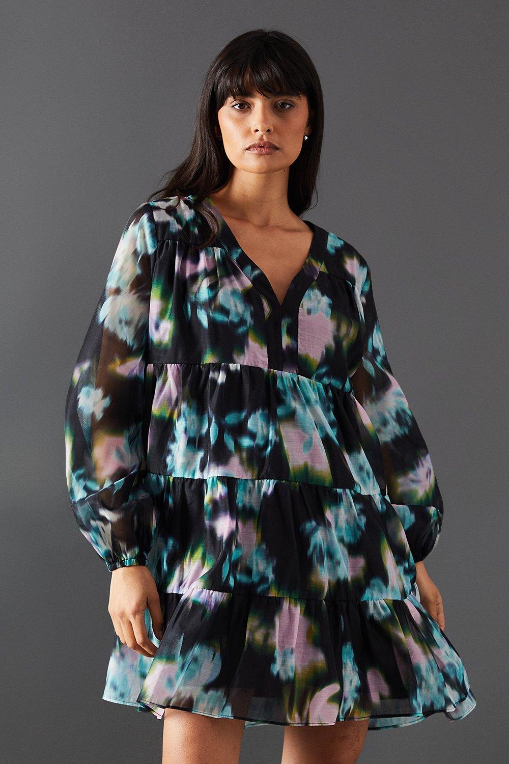 Warehouse Womens Floral Print Organza Smock Dress - Multicolour - Size 16 UK