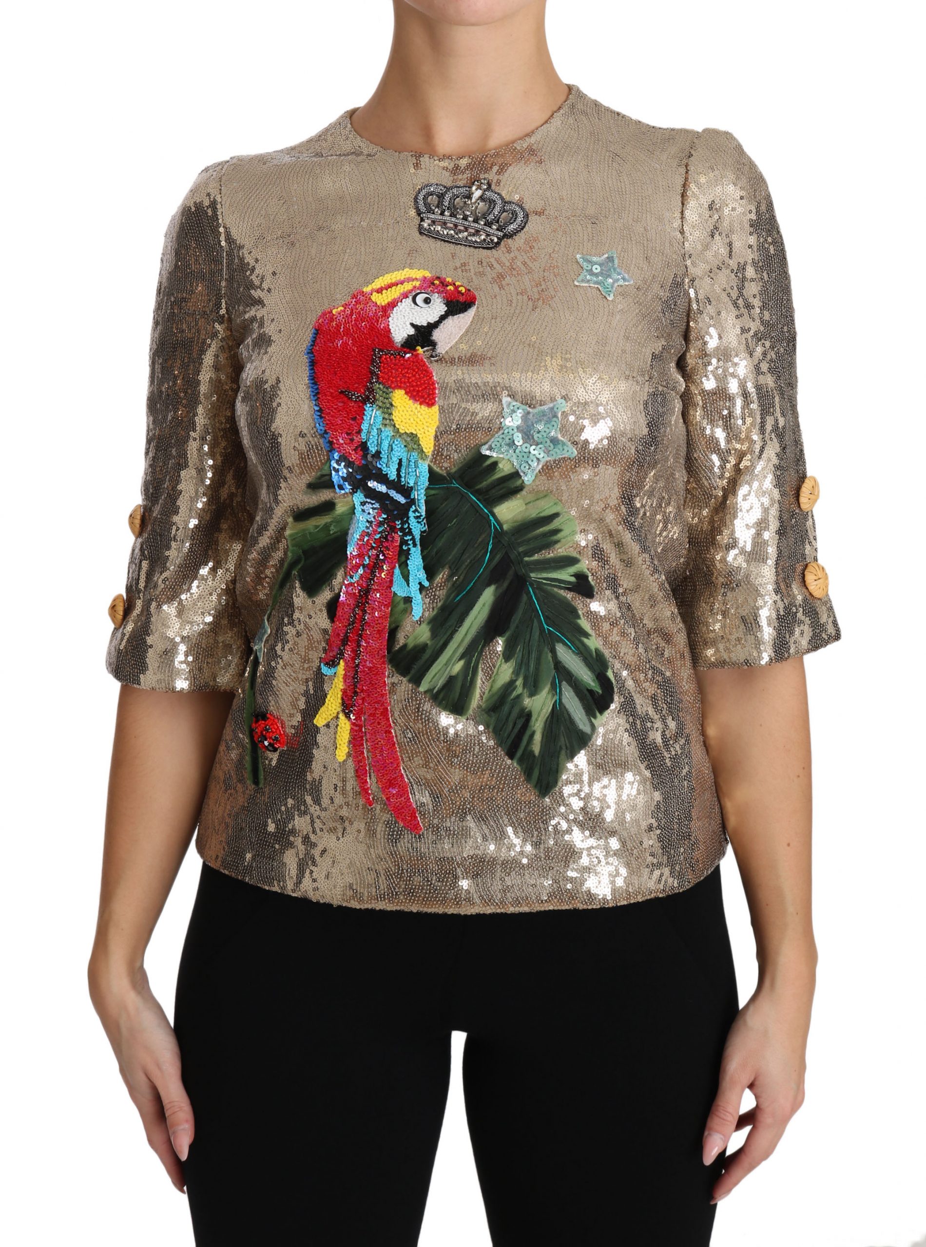 Dolce & Gabbana Womens Gold Sequined Parrot Crystal Blouse – Black – Size X-Small