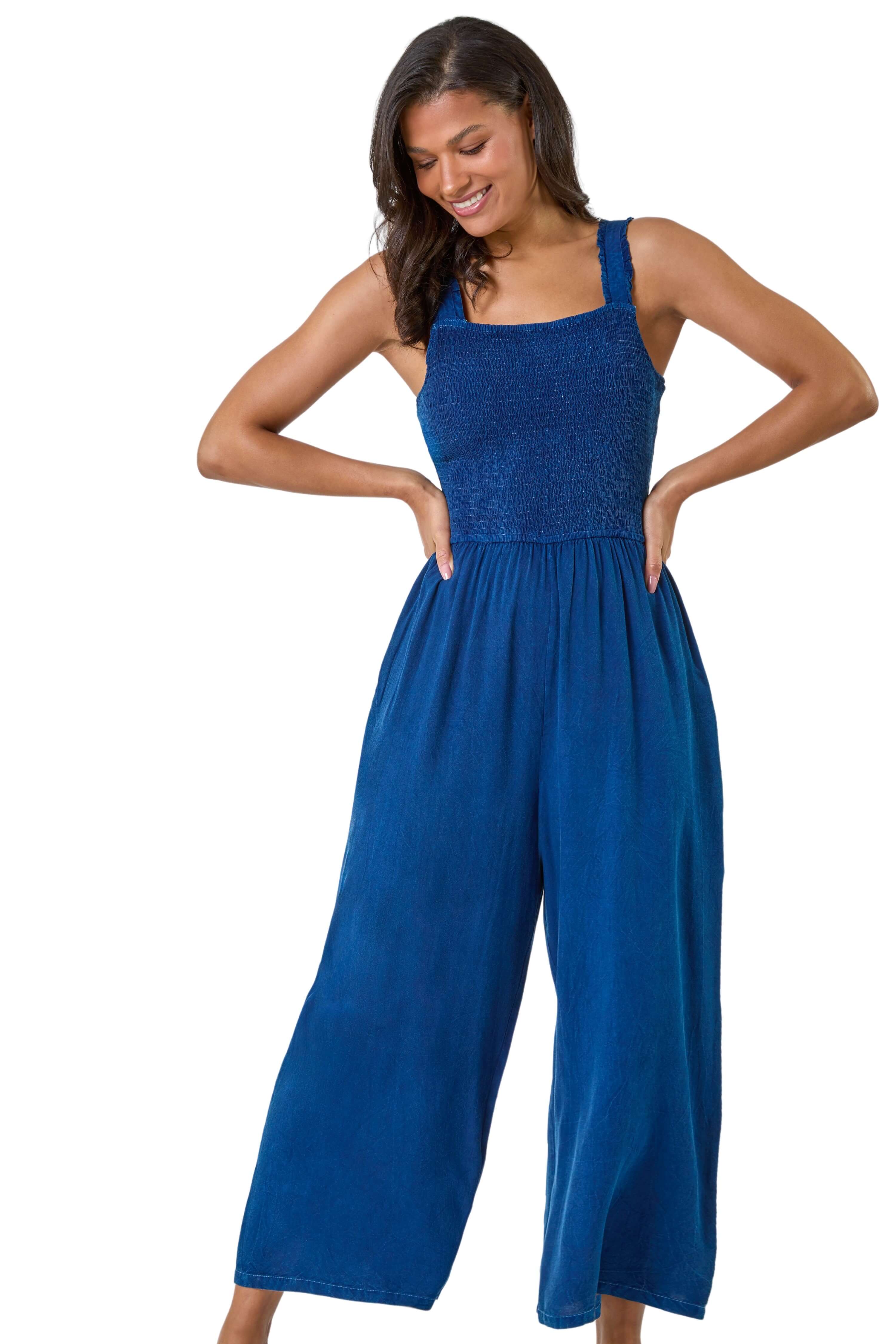 Roman Womens Denim Shirred Bodice Pocket Jumpsuit - Blue - Size 16 UK