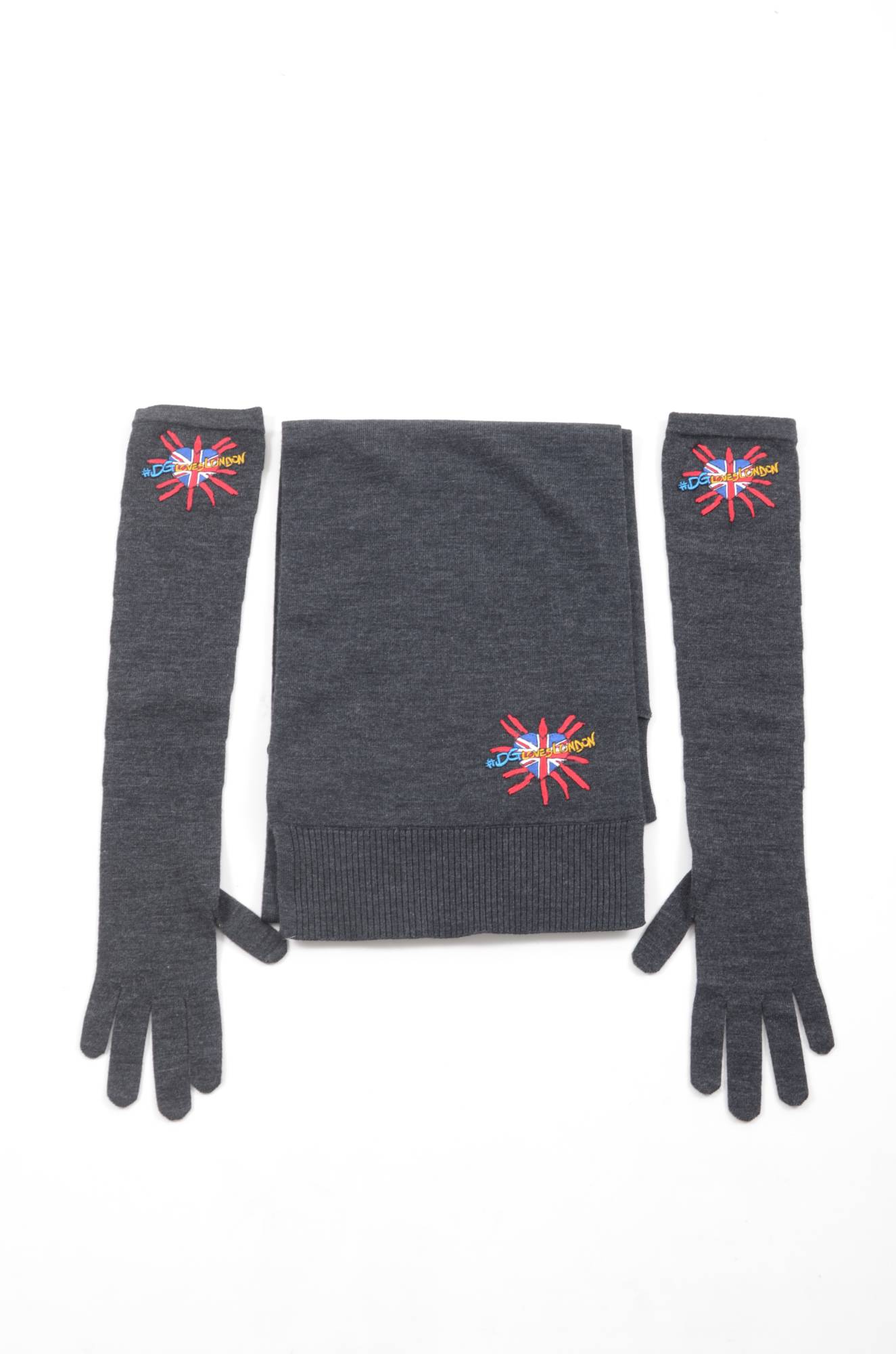 Dolce & Gabbana Womens Women #DGLovesLondon Scarf and Gloves Set – Dark Grey Virgin Wool – One Size