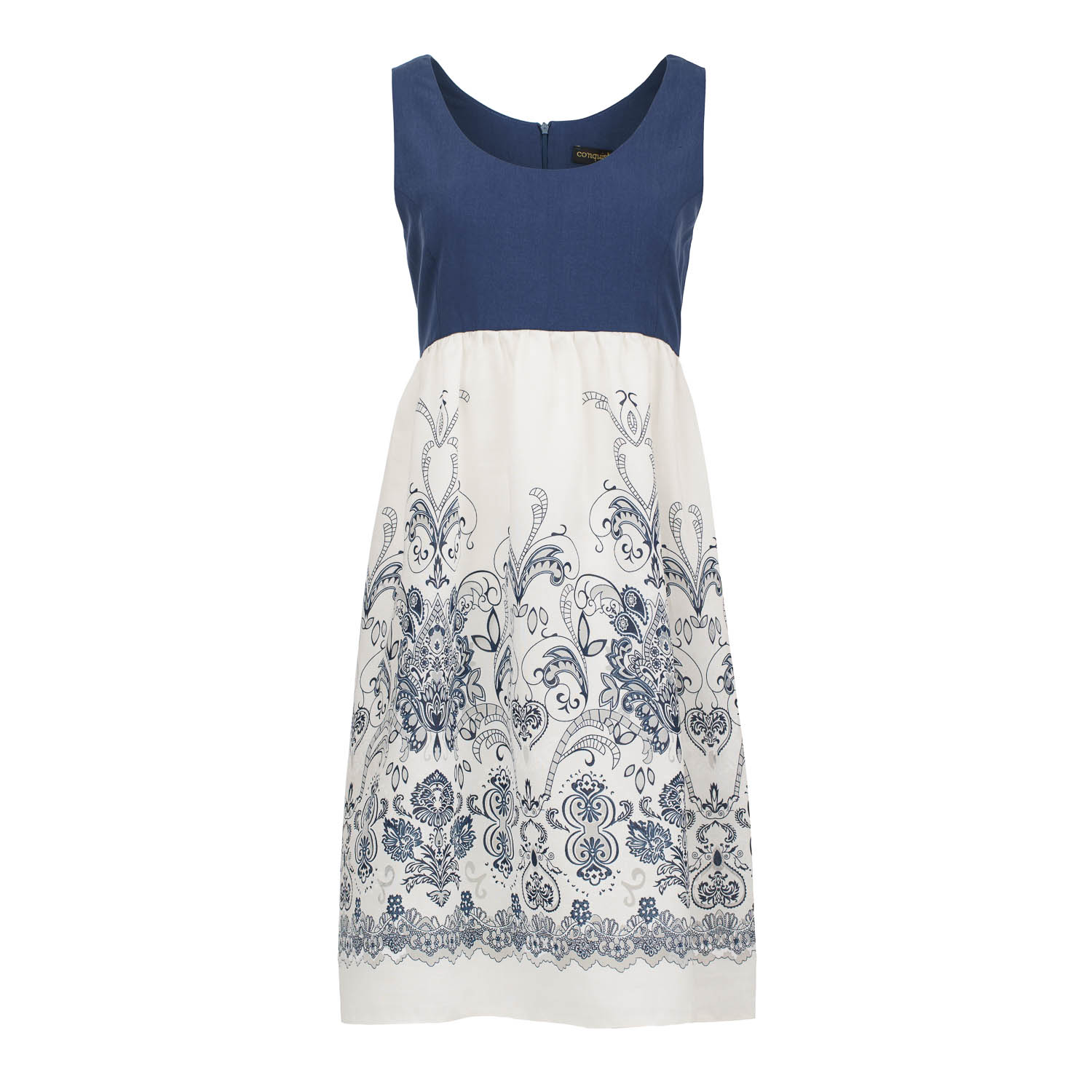 Thumbnail - Elegantes ärmelloses A-Linien-Kleid mit besticktem Rock - Blau und Weiß