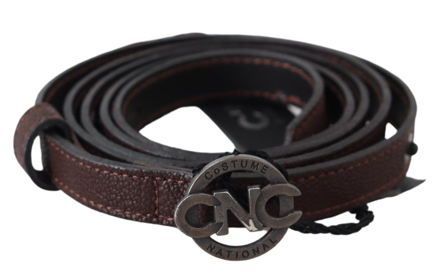 Costume National WoMens Brown Skinny Leather Round Logo Buckle Belt - Size 100 cm