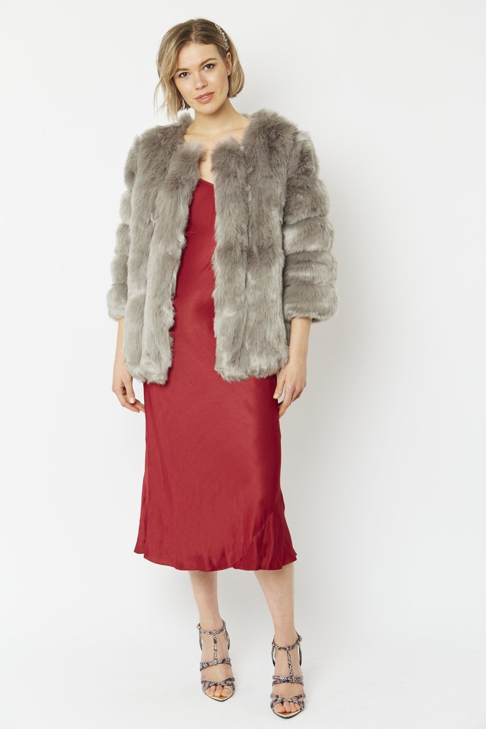 Jayley Womens Faux Fur Ribbed Coat - Grey - Size Small/Medium