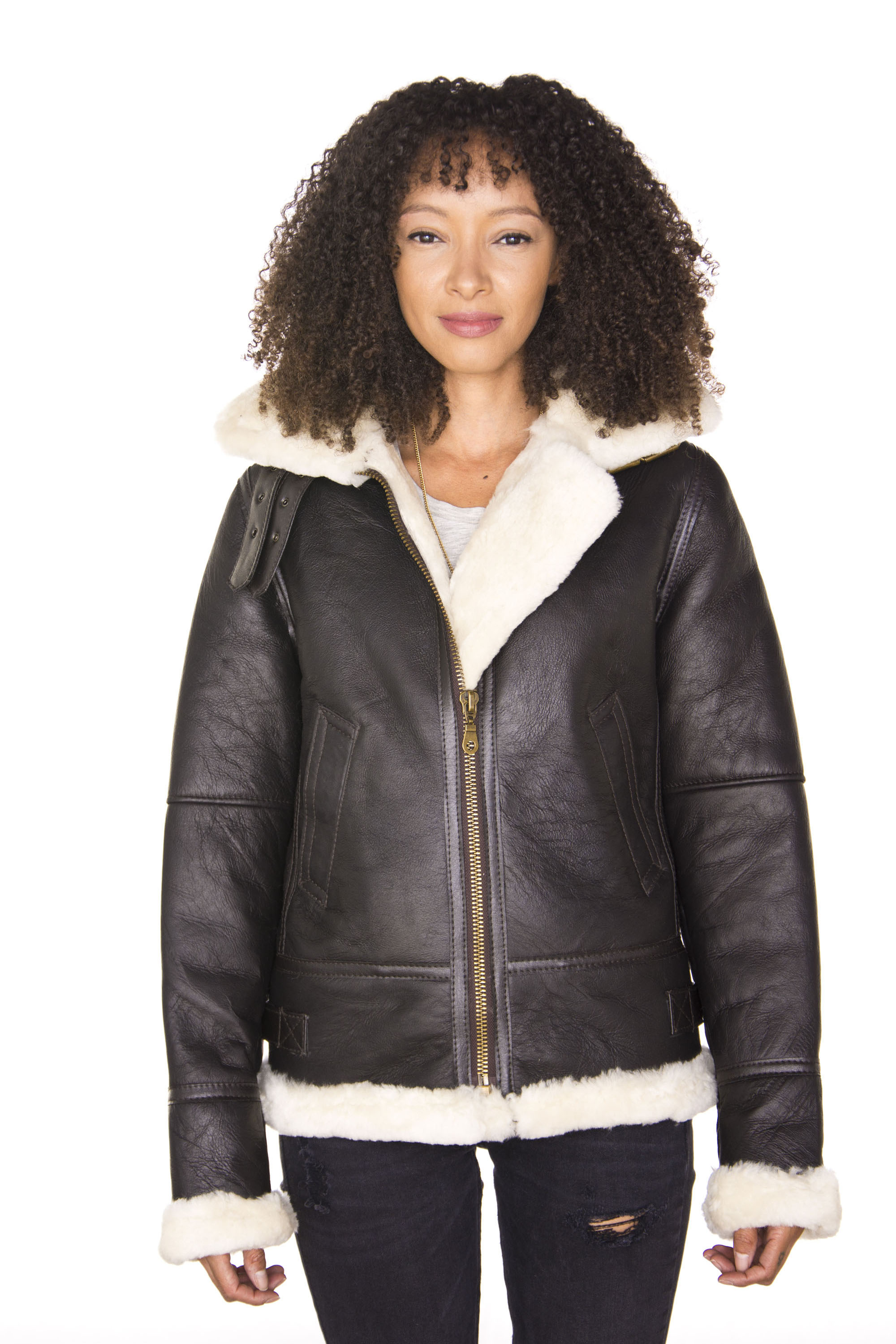 Infinity Leather Womens Hooded Sheepskin Flying Jacket-Palermo - Brown - Size 18 UK