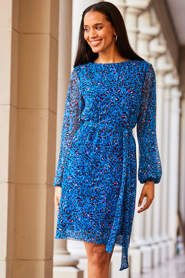 Sosandar Womens Blue Animal Print Plisse Belted Shift Dress - Size 6 UK
