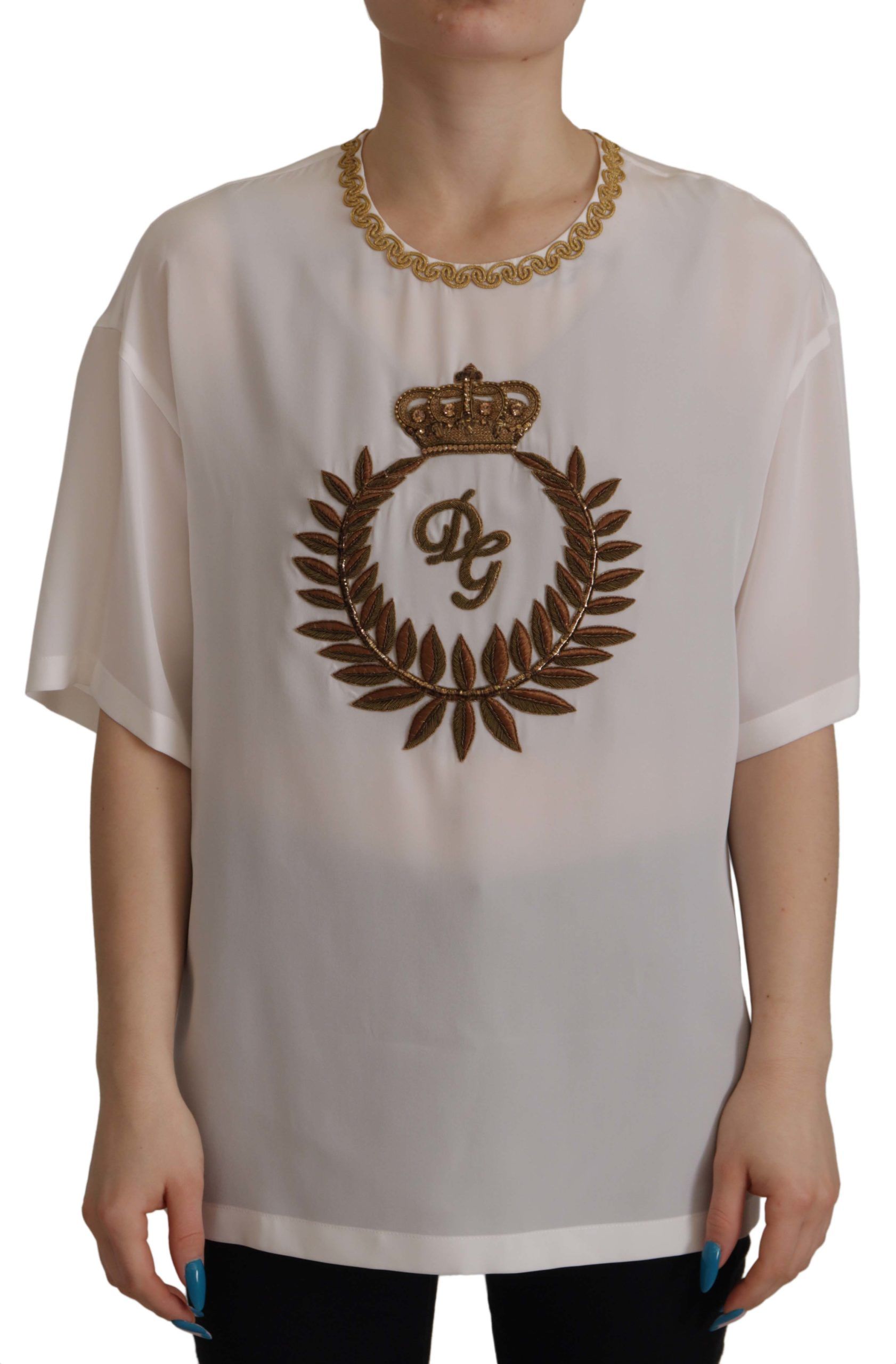 Dolce & Gabbana White Silk Gold DG Crown Crystal Blouse Womens Top – Size Small