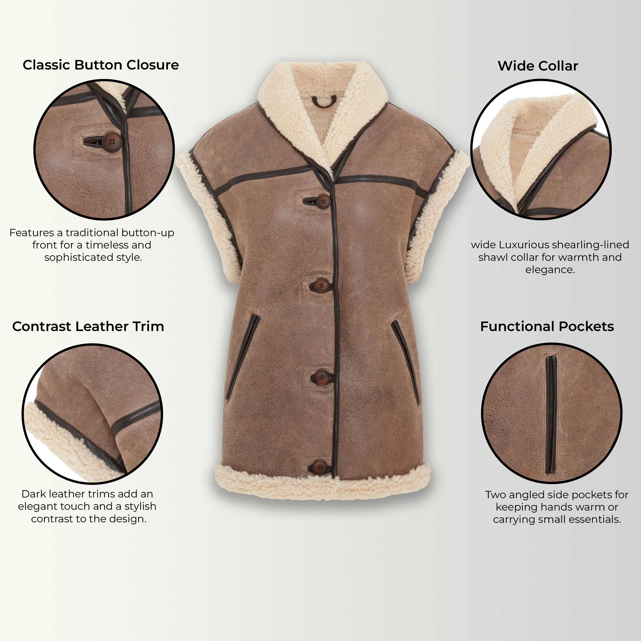 Infinity Leather Aviator Shearling Läder Gilet dam Chevak västar – bild 2