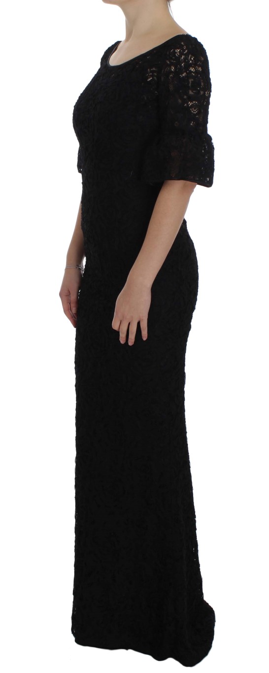Svart Blommig Spets Lång Bodycon Maxi Klänning 2