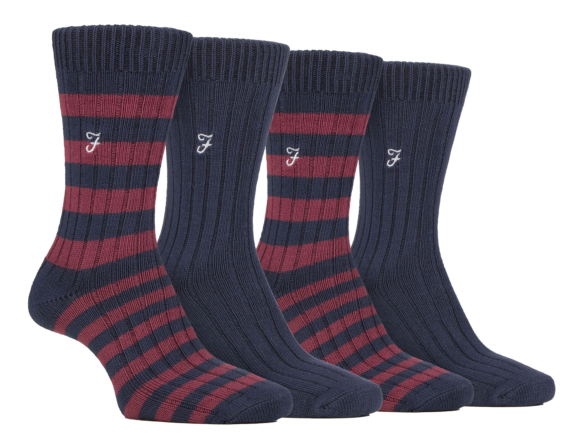Thumbnail - 4 Paar Bambus gestreifte Stiefelsocken | Farah | Designer bestickte Socken für den Sommer - Navy / Berry