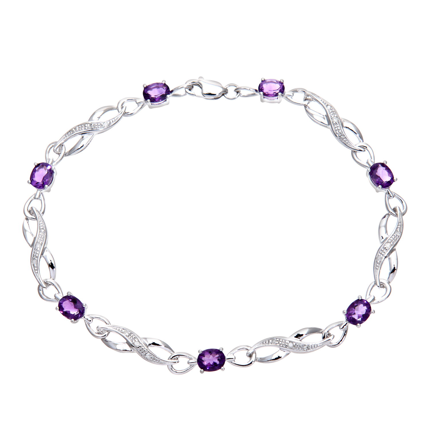 Diamant L’Eternel Womens 9ct White Gold Amethyst and Diamond Crossover Link Bracelet – One Size