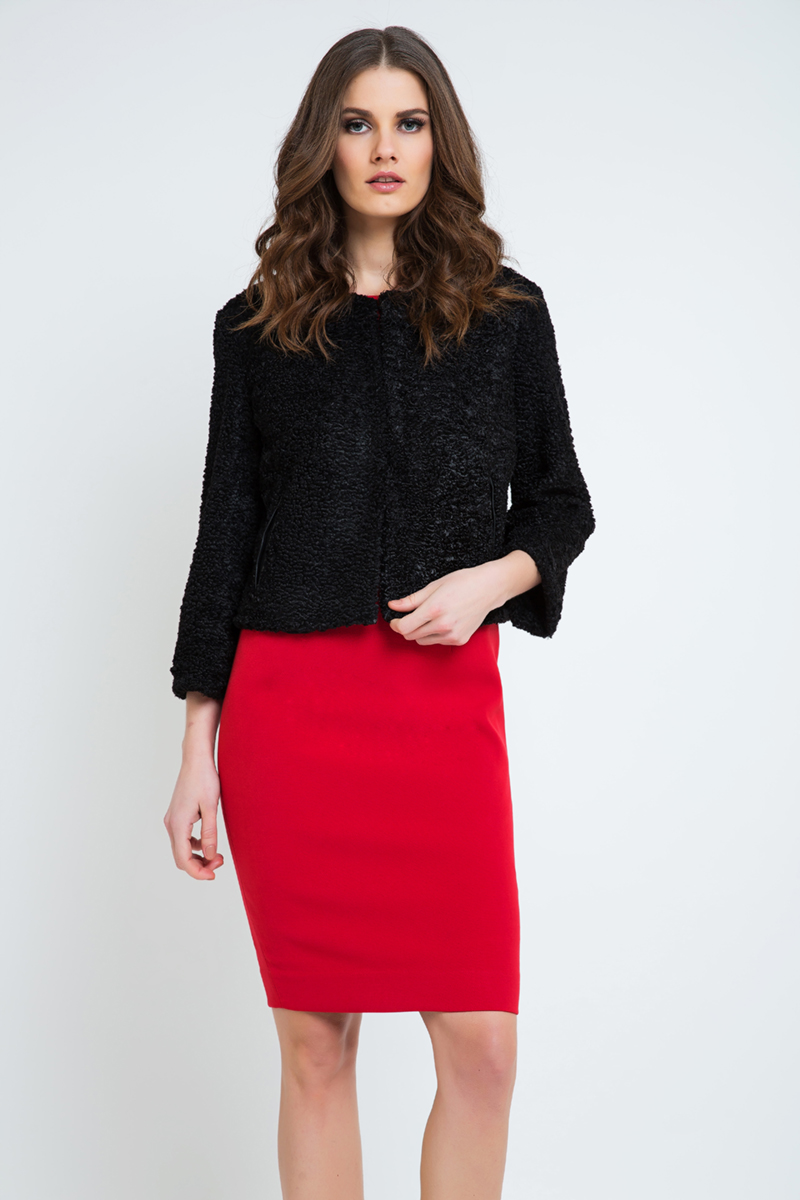 Thumbnail - Schwarze Astrakhan-Jacke mit Plissee-Detail