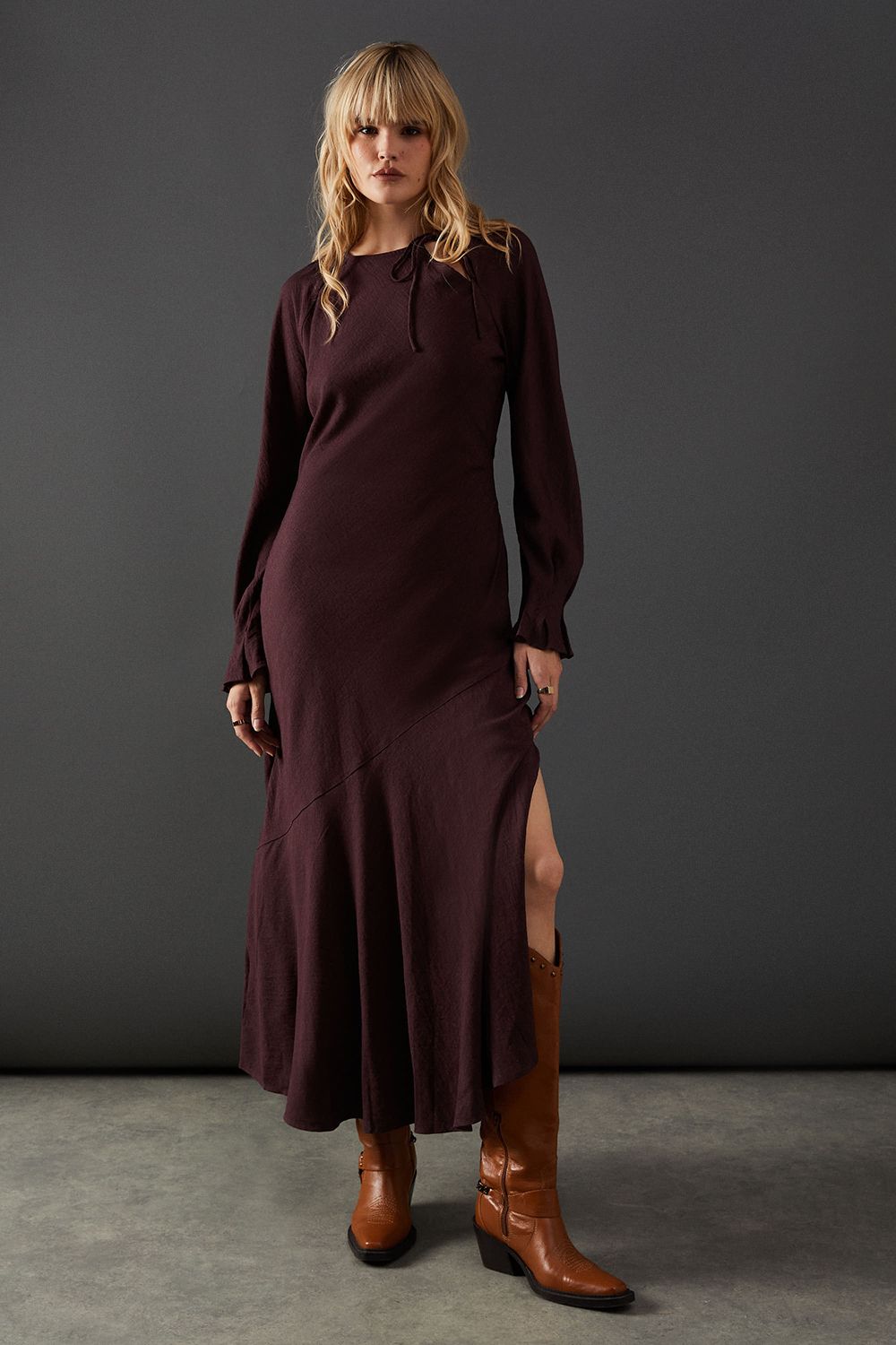 Warehouse Womens Viscose Twill Tie Shoulder Circle Tier Hem Midi Dress - Chocolate - Size 12 UK