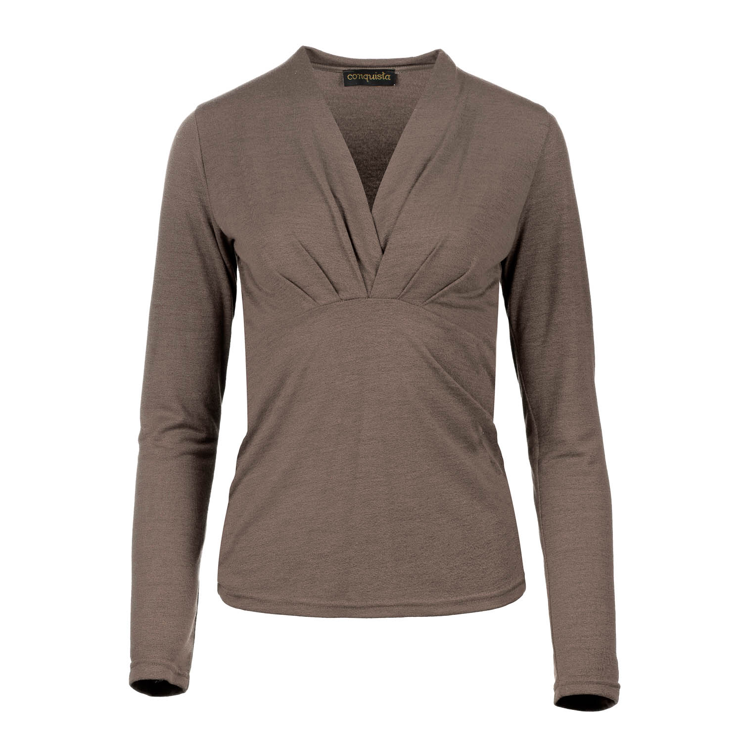 Thumbnail - Langärmeliges Jersey-Top mit Faux Wrap in Eisen-Taupe-Melange