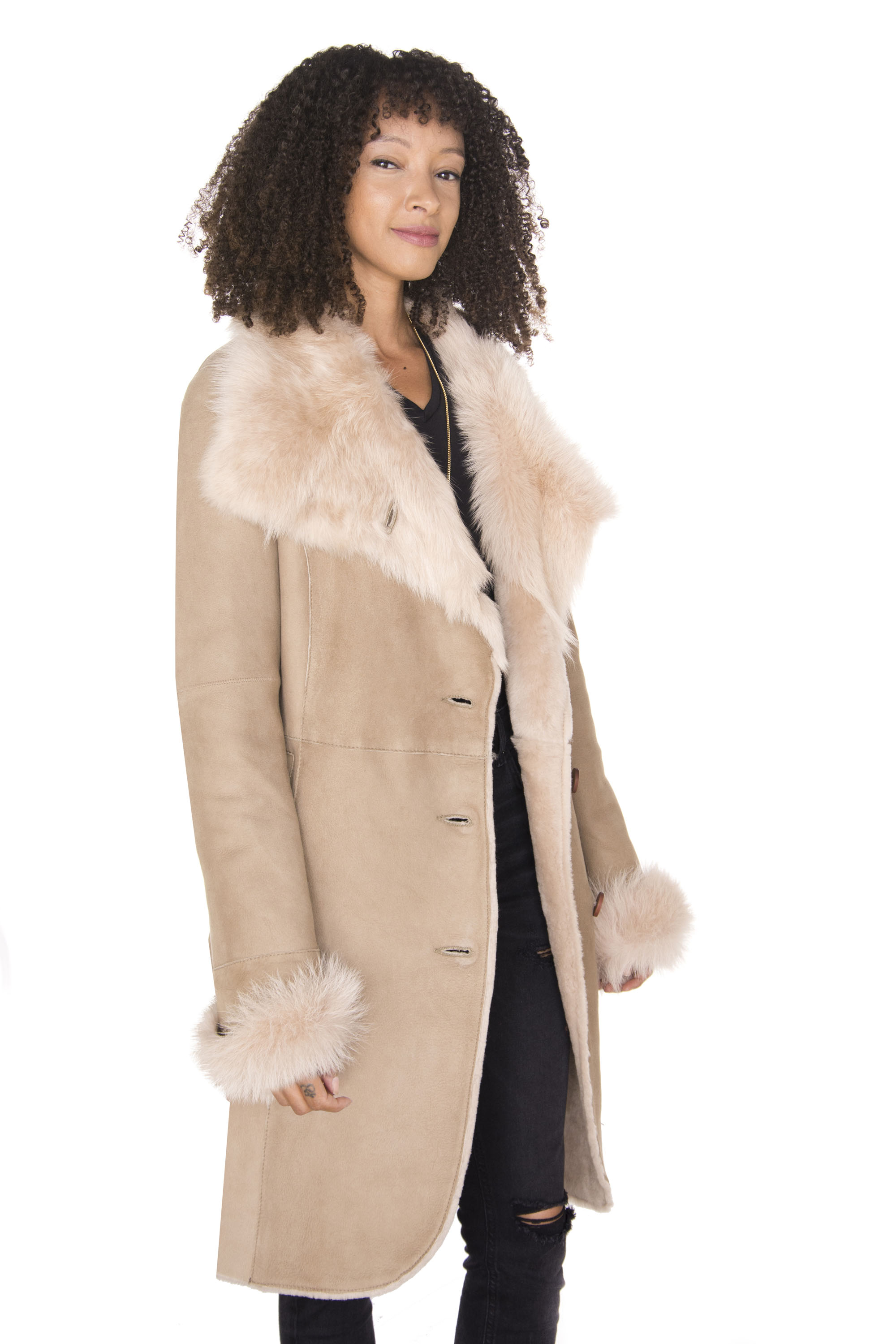 Infinity Leather Mantel i mocka, merino och shearling för damer med Toscana-krage-Hanoi pälsjackor – bild 2