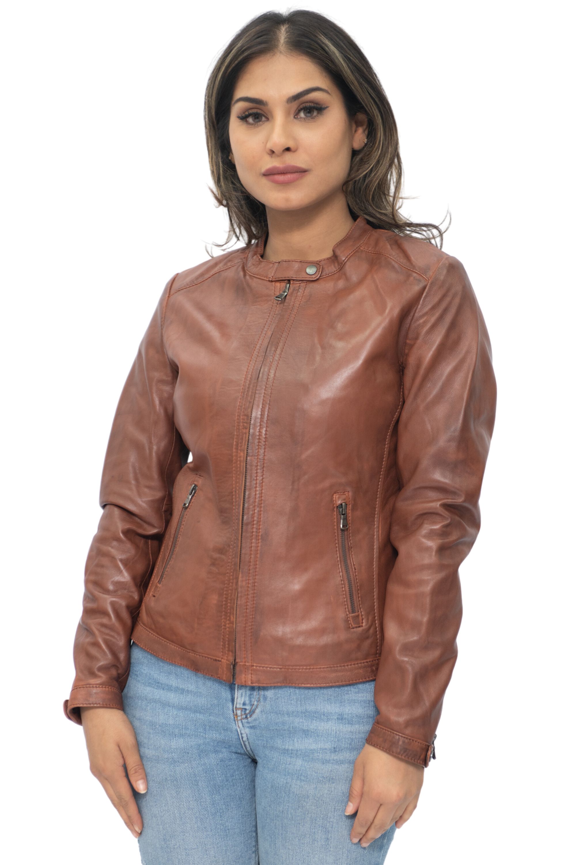 Infinity Leather Bikerjacka i läder för damer, brun Prague – bild 2