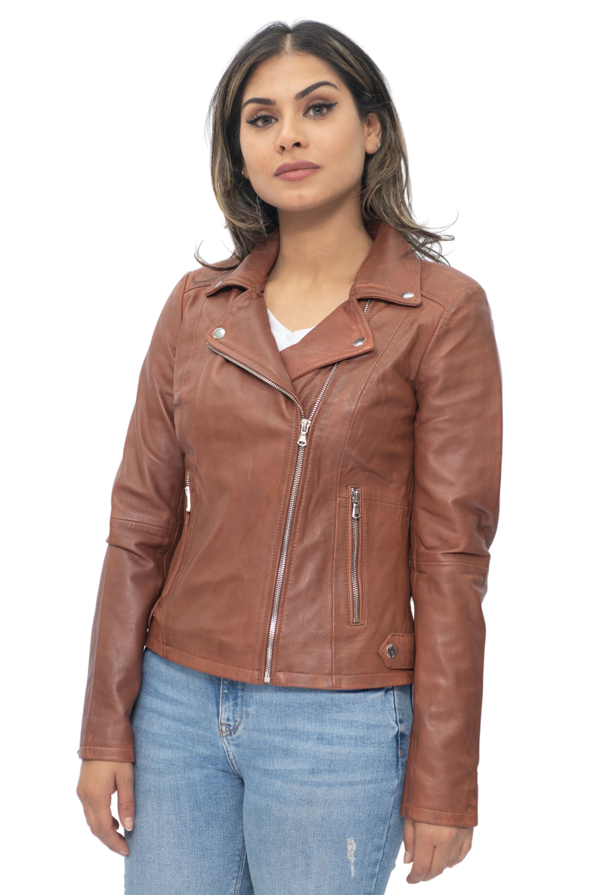Infinity Leather Bikerjacka i läder, brun för damer Sacramento – bild 2