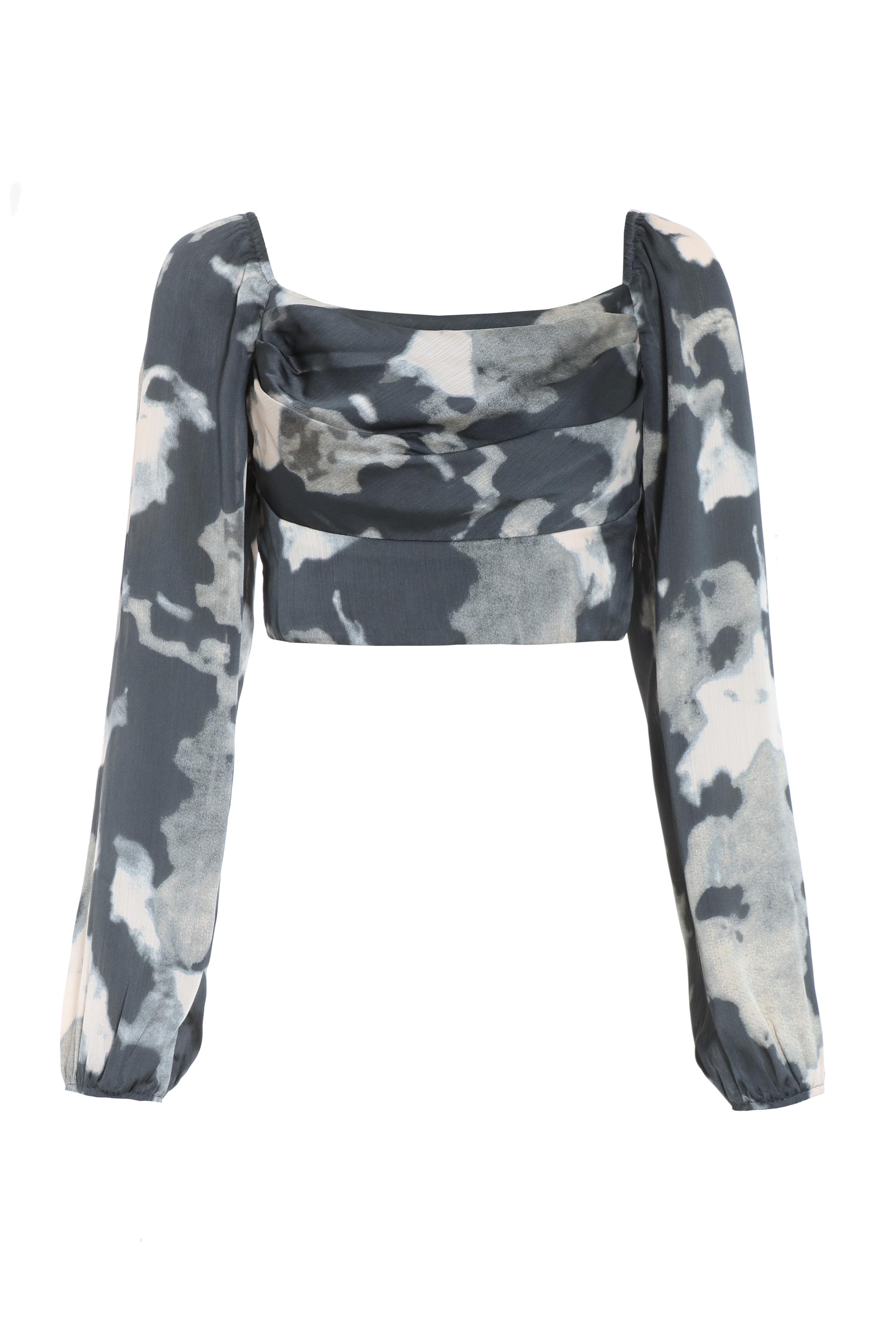 Quiz Womens Grey Satin Smudge Print Cropped Top - Size 8 UK