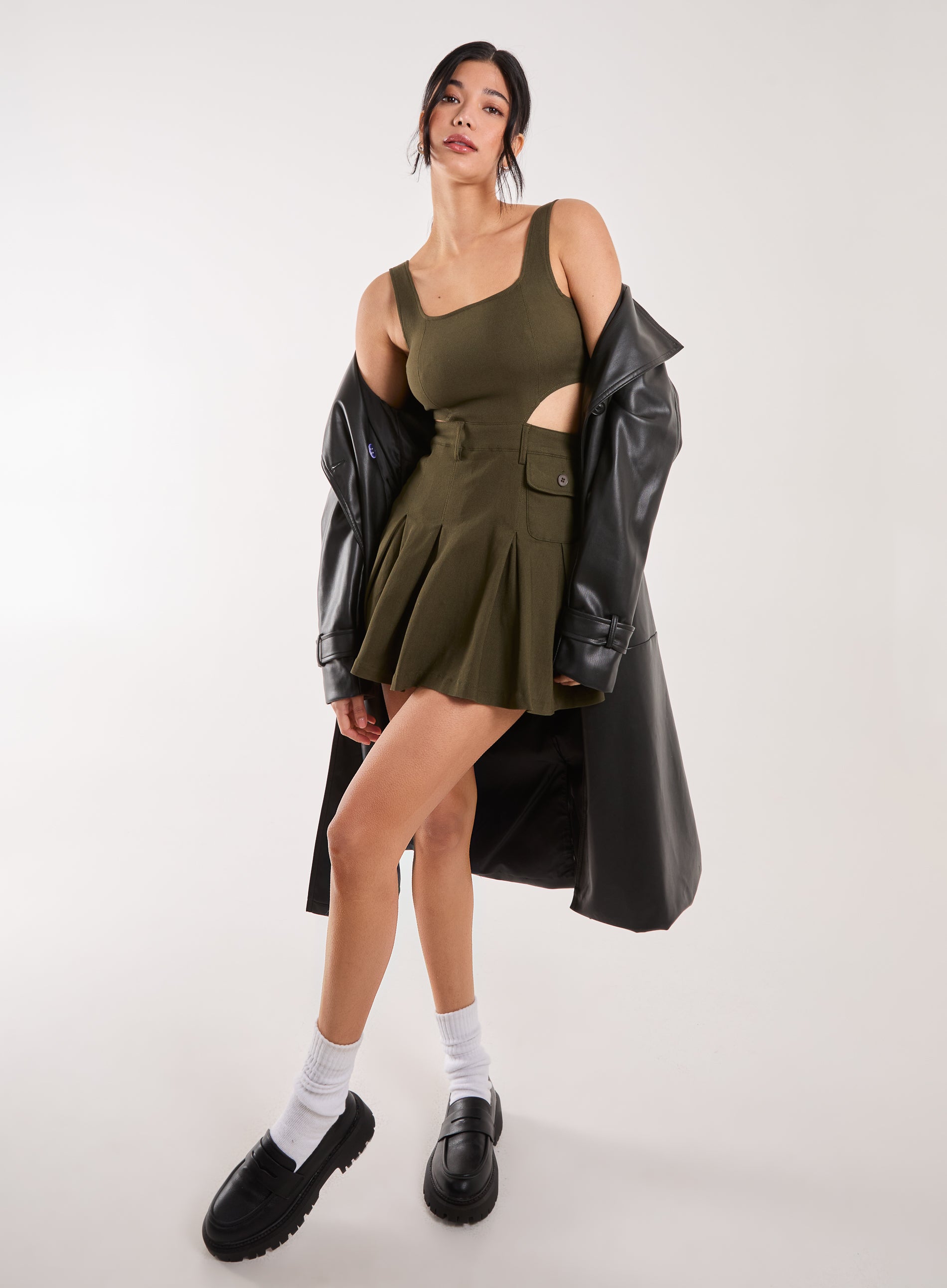 Pink Vanilla Womens Utility Cut Out Pleated Mini Dress - Khaki - Size 12 UK