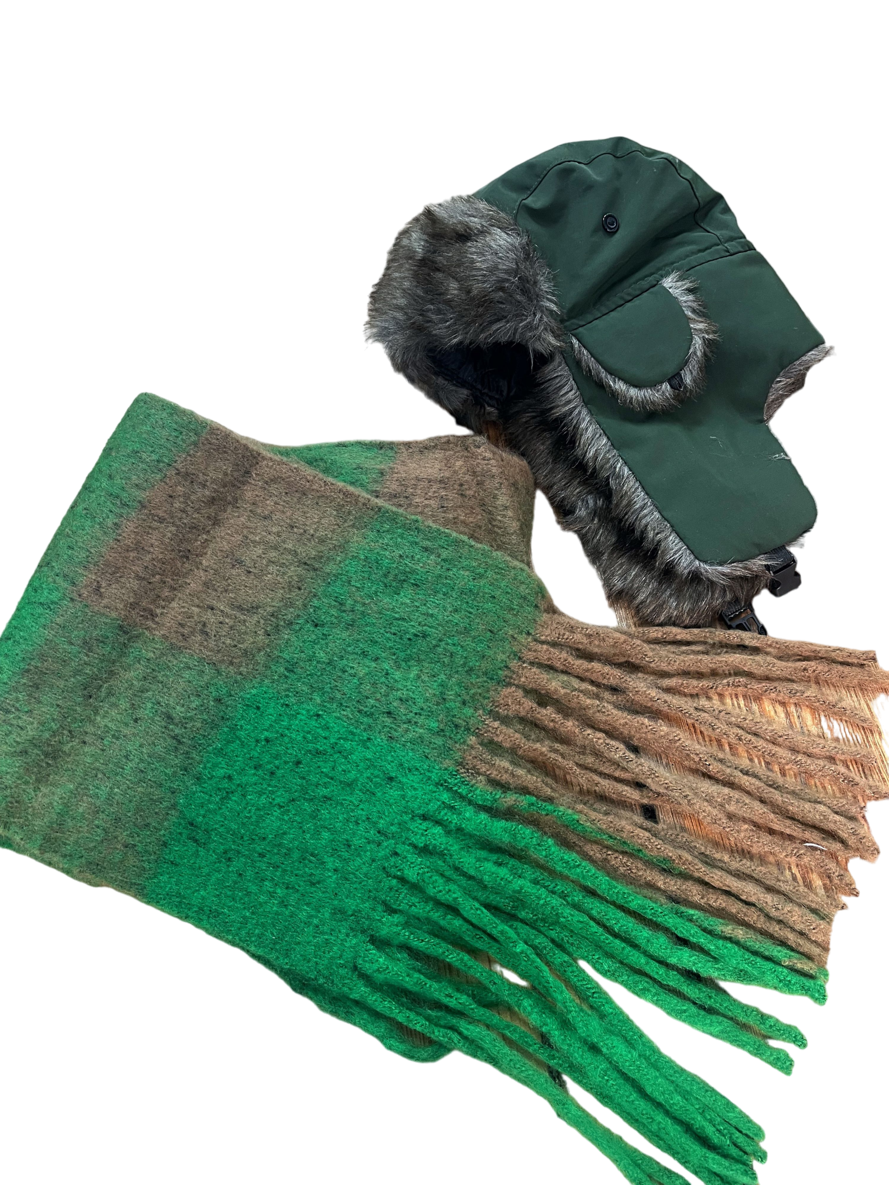 SVNX Khaki Trapper & Brown Green Check Scarf Set - Mens - One Size
