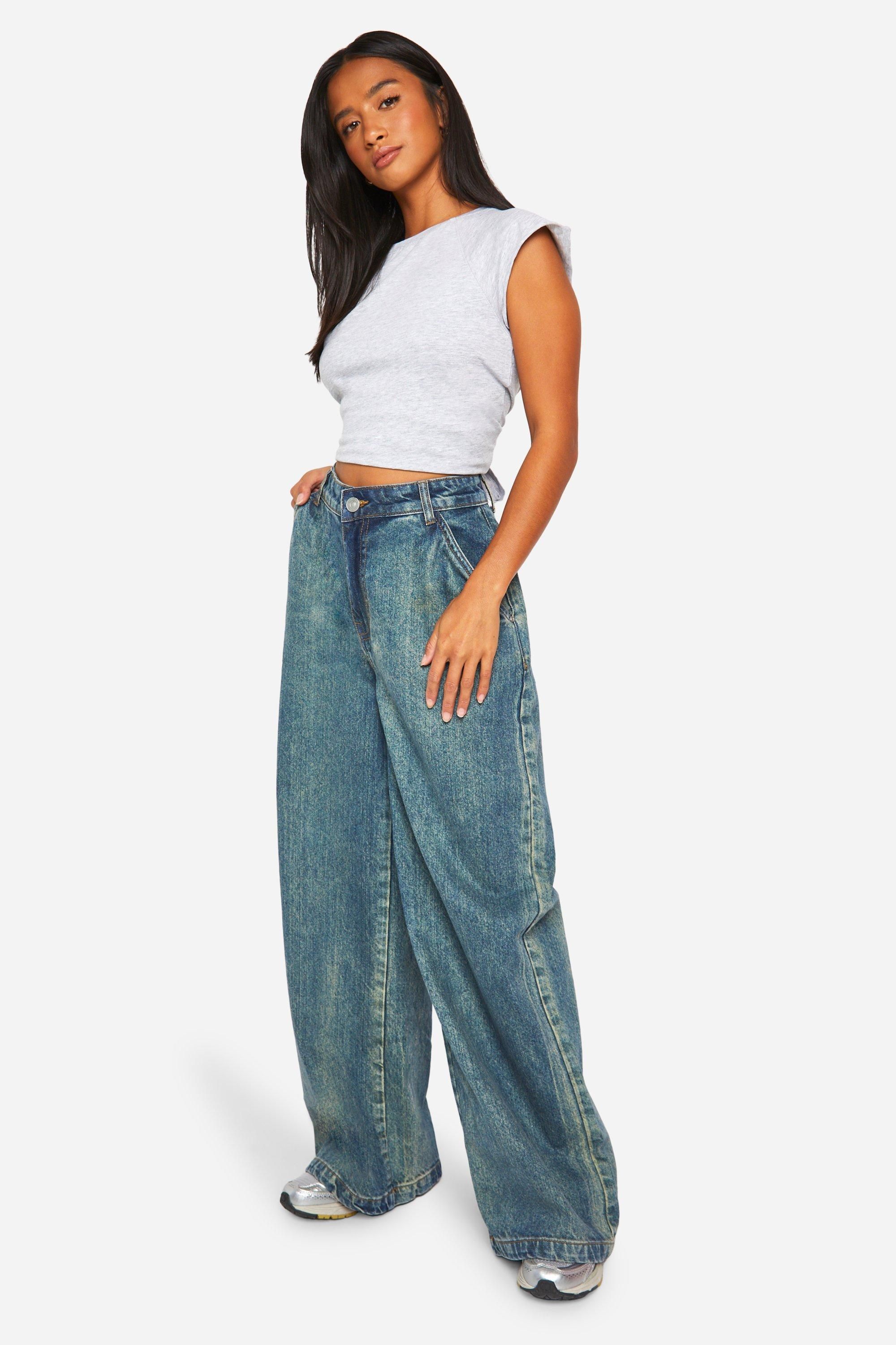 Boohoo Womens Petite Vintage Wash Wide Leg Jean - Blue Cotton - Size 10 UK