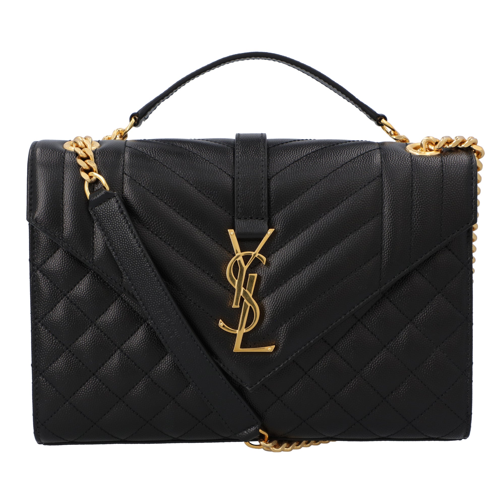 Saint Laurent Enveloppe Medium In Gequilted Grain De Poudre Geprefiseerd Leer Zwart