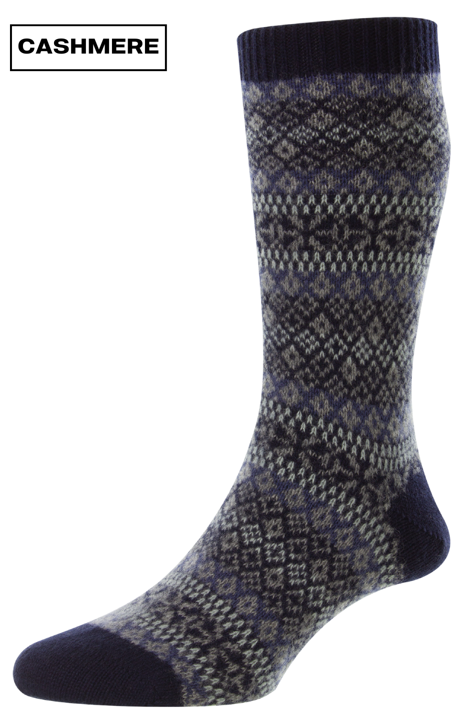 Pantherella Mens Sherborne Fair Isle Cashmere Sock in Navy/Grey/Blue Pattern Fabric - Size 6-7 (UK Shoe)