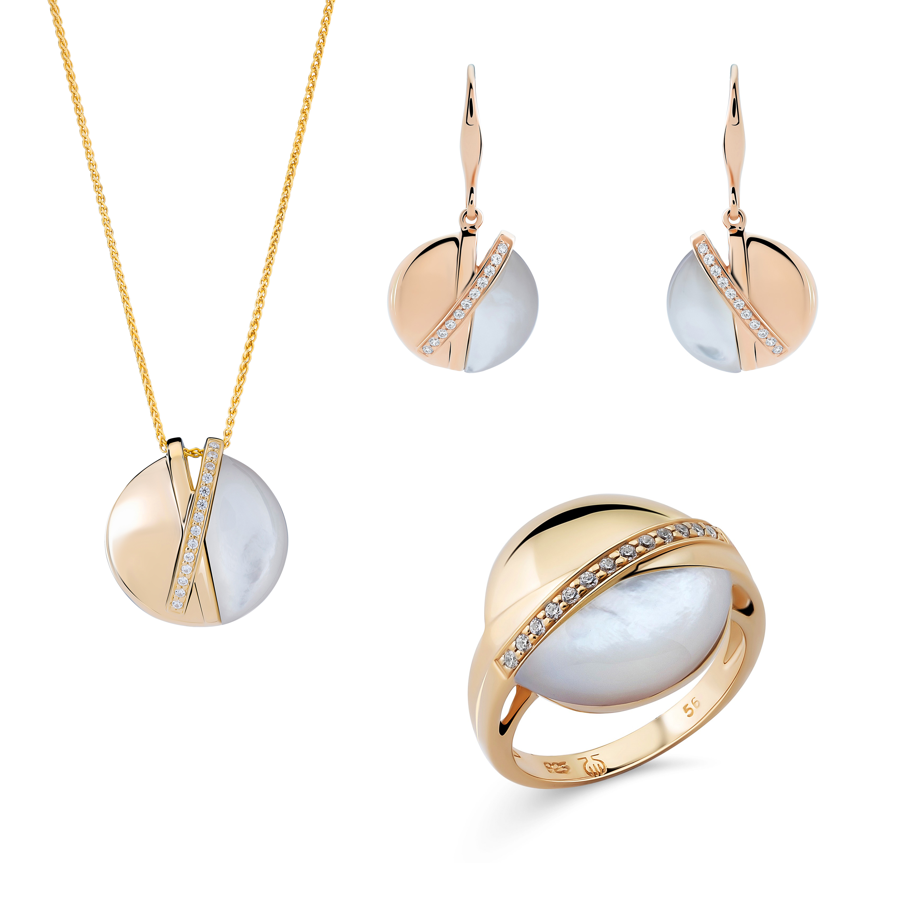 Orphelia 'Moragene' Womens 925 Sterling Silver Set, Necklace + Earrings + Ring - Gold Set-7506/G - Size O 1/2