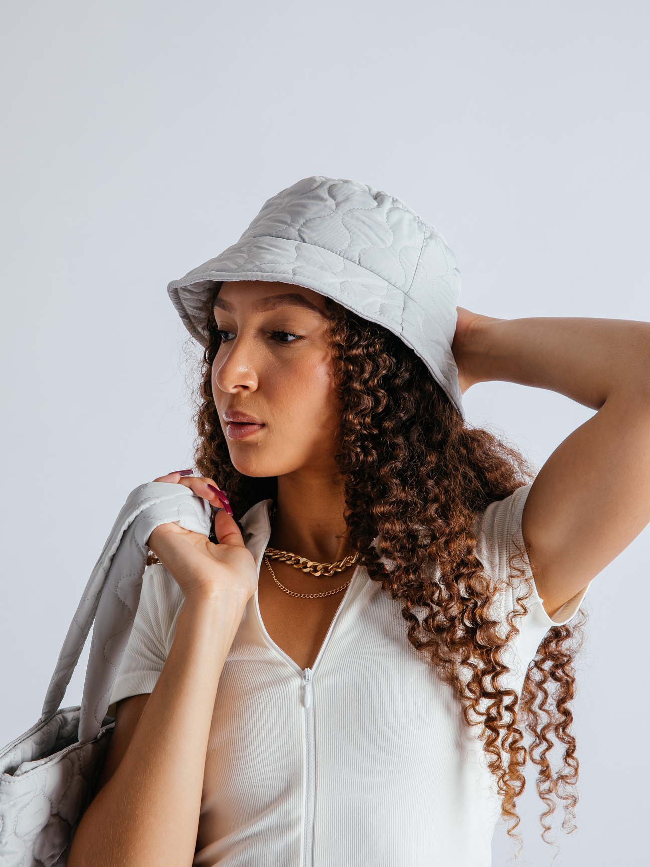SVNX Mens Quilted Nylon Bucket Hat - Light Grey - One Size