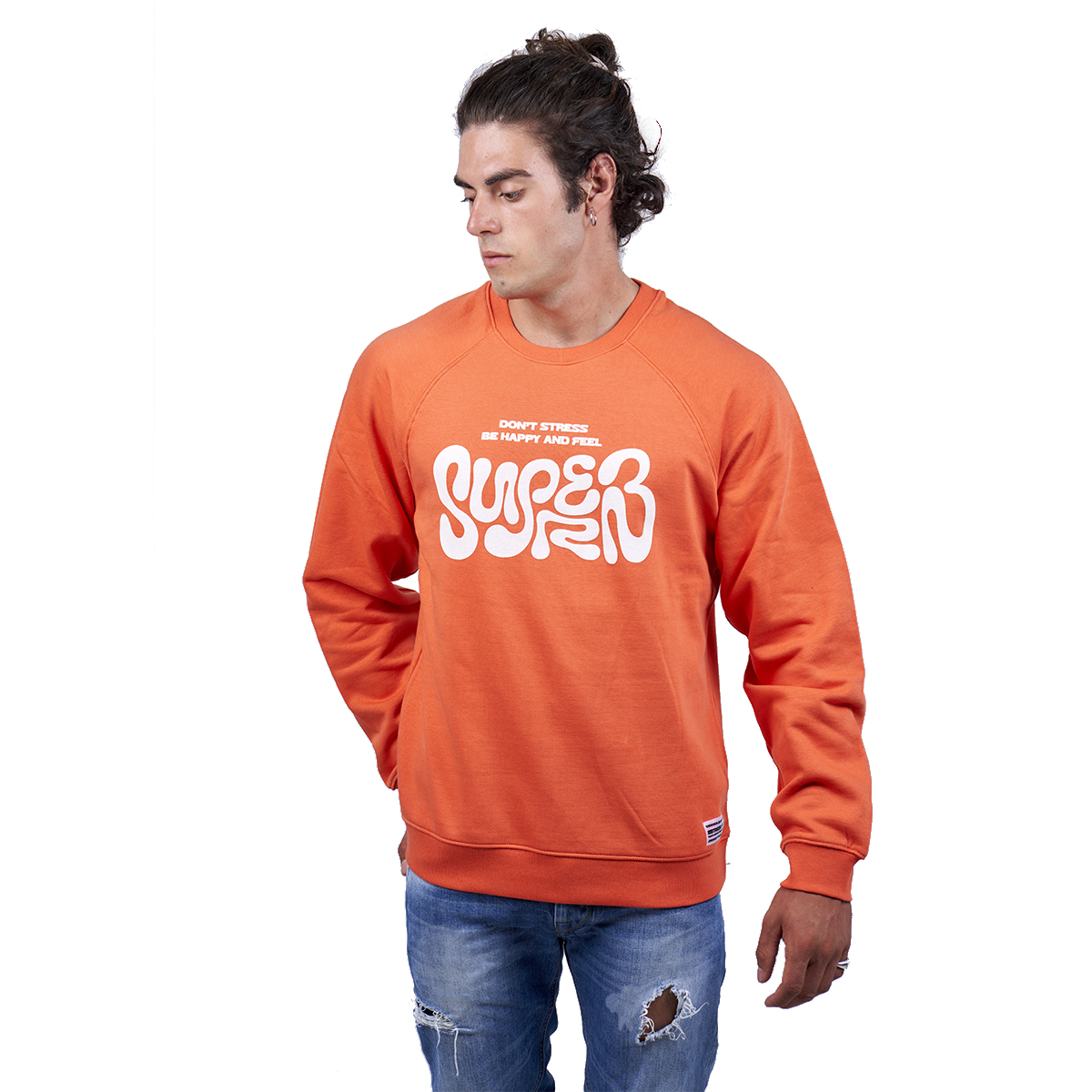 Superb Mens Sudadera Don't Stress Sweatshirt - Orange Cotton - Size X-Small