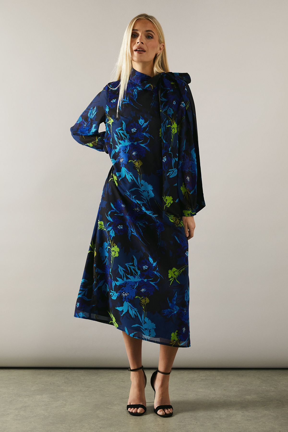Wallis Womens Petite Floral Print Tie Neck Georgette Midi Dress - Navy - Size 8 UK