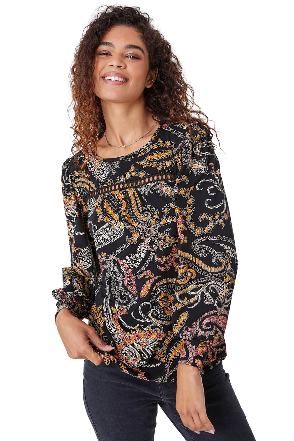 Roman Womens Paisley Lace Trim Top - Black - Size 10 UK