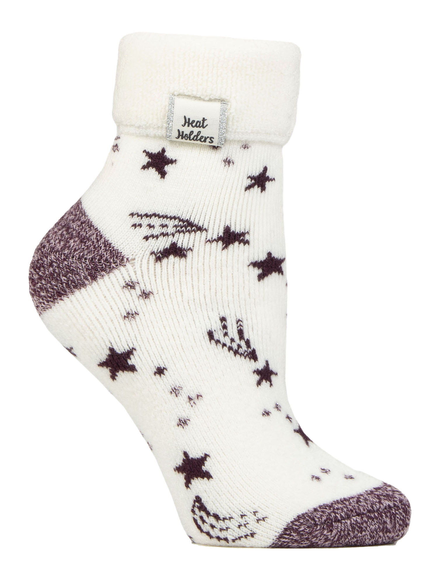 Damen Kuschelsocken mit Umschlagbündchen | Wärmehalter | Warme flauschige Lounge-Socken für den Winter - Elfenbein/Cabernet Stars