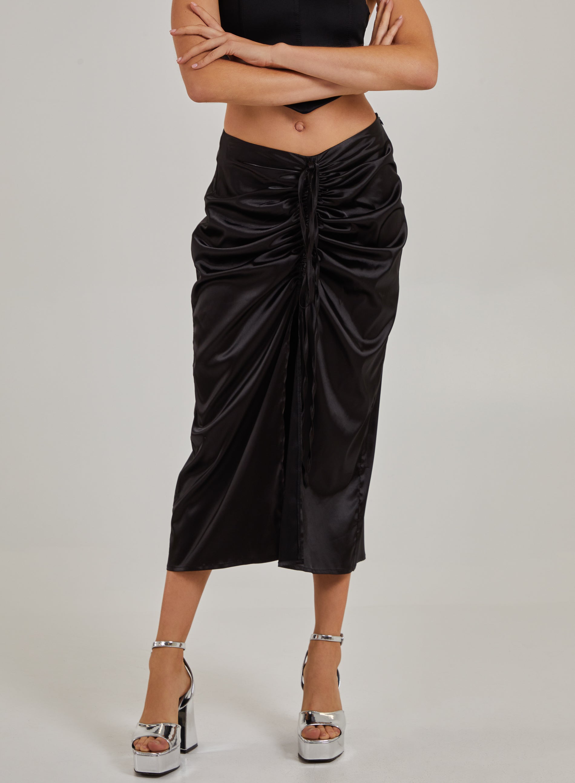 Pink Vanilla Womens Ruched Midi Skirt With Tie - Black - Size 10 UK