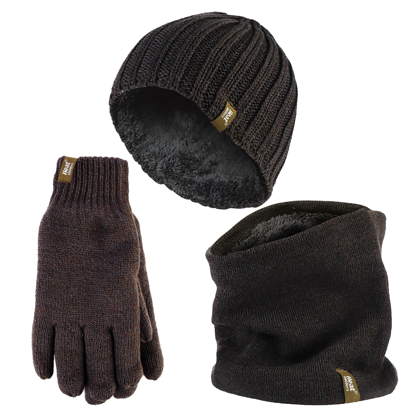 Thumbnail - Herren Mütze, Halswärmer & Handschuhe Set | Wärmehalter | Winter gestrickt warmes Zubehör Set - Khaki Grün