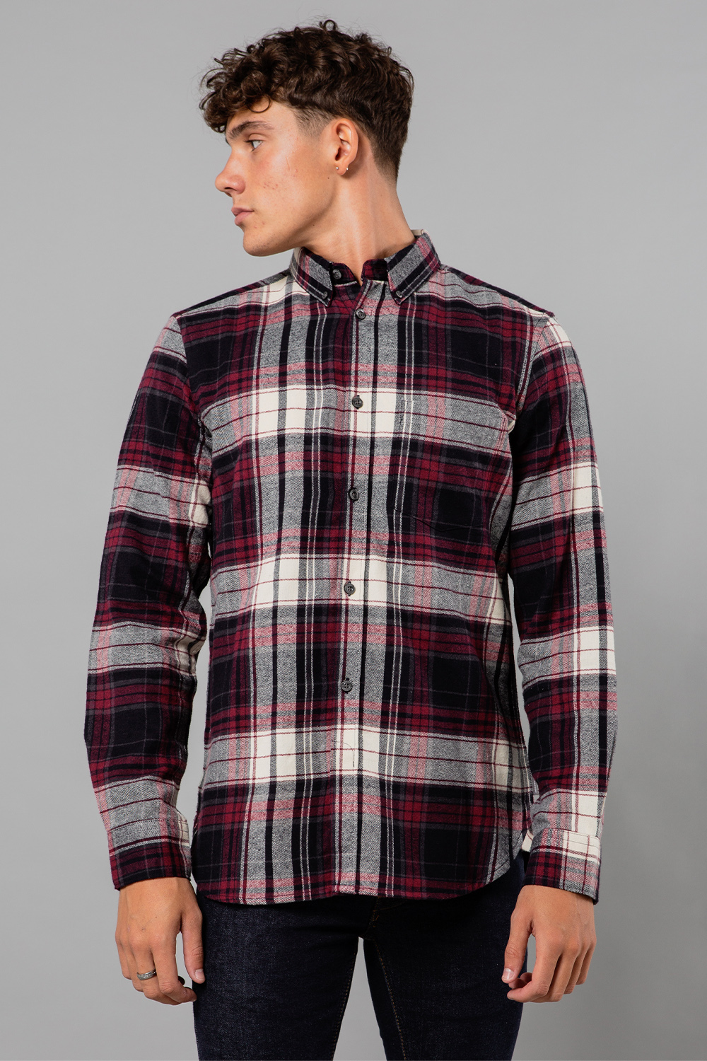 French Connection Mens Wine Cotton Check Flannel Long Sleeve Shirt - Size X-Large