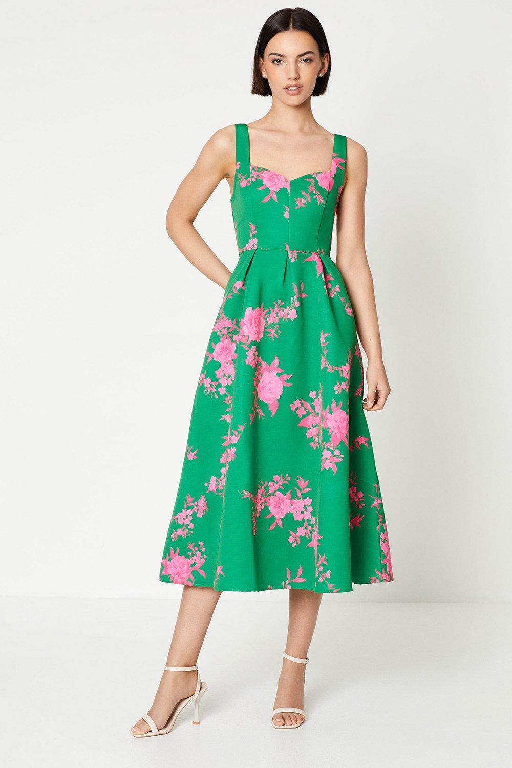 Oasis Womens Occasion Floral Strappy Twill Midi Dress - Green - Size 12 UK